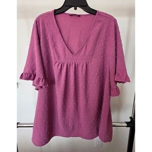 Women's Plus sz 18-20 BLOOMCHIC Pink Textured V Neck Ruffle Sleeve Tunic Top